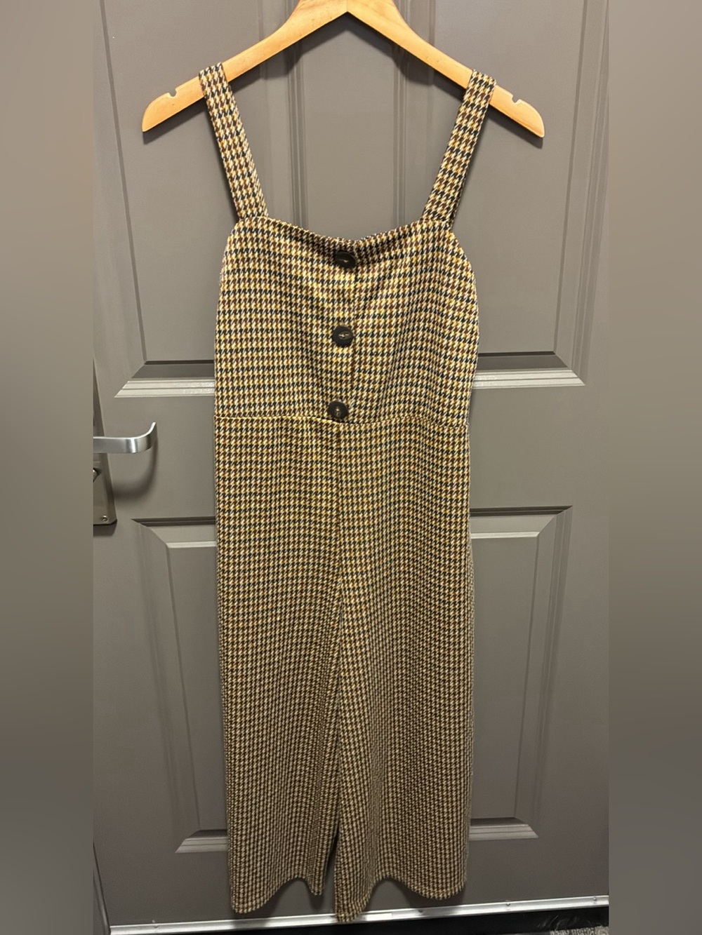 Zara Brown and Black Houndstooth Button-Front Suspender Skirt